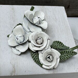Vintage White & Green Metal Flower Brooch 2.50"